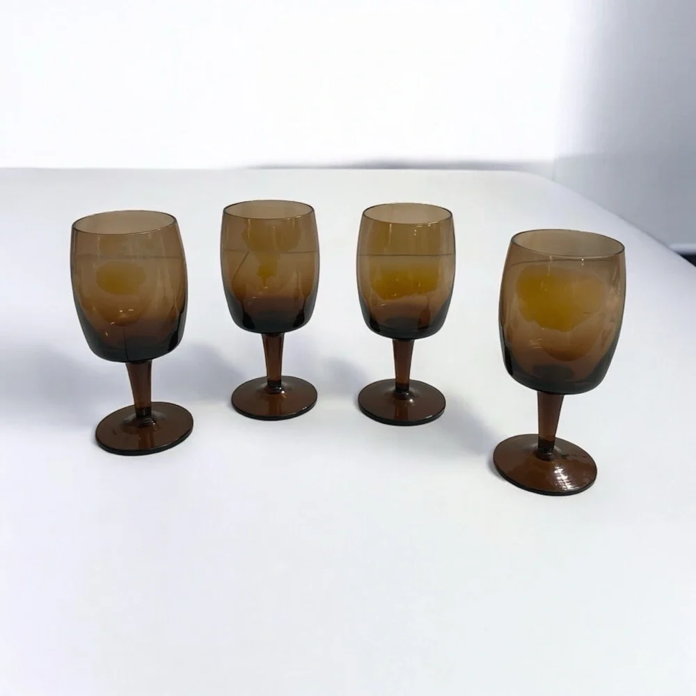 1960s Gorham Reizart Accent Brown Crystal Wine Glasses Set of 4 MCM 5.25